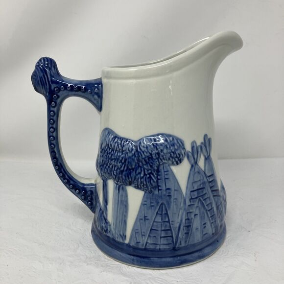 Vintage Old Sleepy Eye Native American Pottery White Blue Ceramic Pitcher - Picture 3 of 14